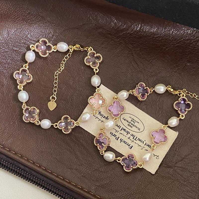 Pink Four-leaf Flower Bracelet Freshwater Pearl Natural Crystal Bracelet, Sweet Internet Celebrity Small Fragrance Citrine Bracelet.