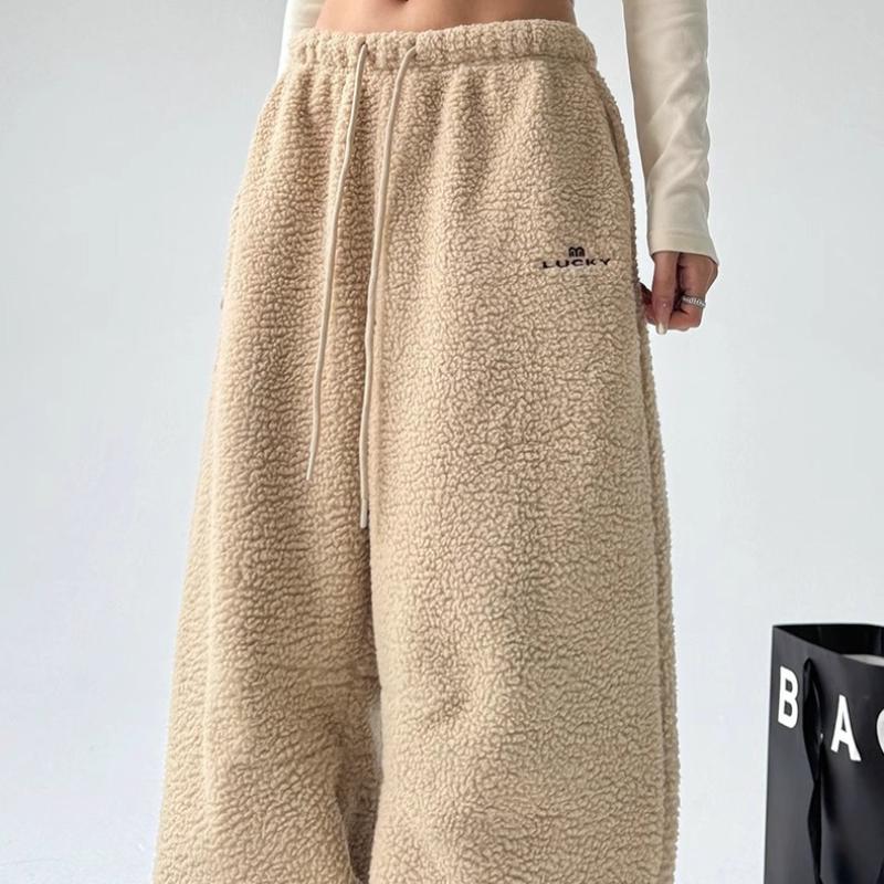Simple Women's Thickened Pants Elastic Waist Polar Fleece Drawstring Straight Bottom Wide Leg Female Trousers Autumn Winter