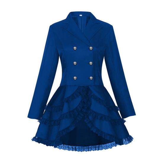Women Double Breasted Victorian Steampunk Blazer Coat Gothic Tuxedo Tailcoat Jacket with Lace Hem Halloween Wedding Uniform Costume