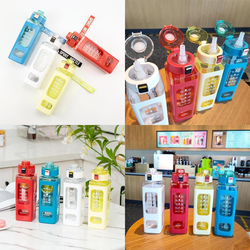 Quadratische Plastikwasserflasche mit Griff, Moderner schlichter Stil, Tragbare Sportflasche mit Strohhalm, 700ml