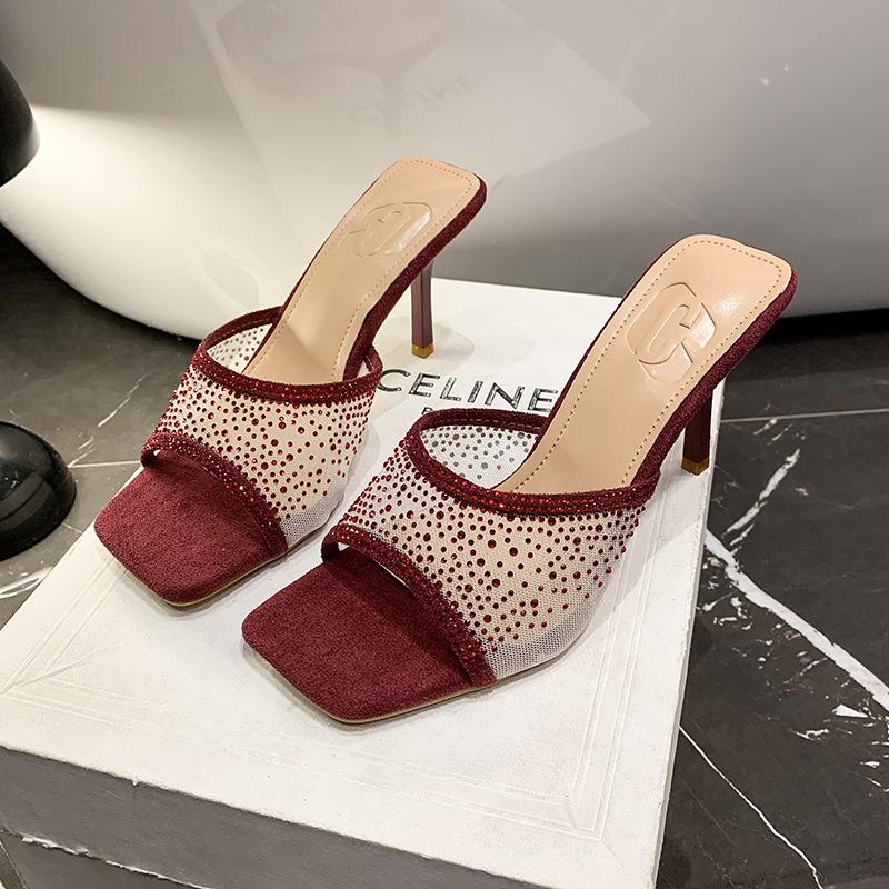 Large size high-heeled sandals, thin heels, pointed crystal drills are not tired, open-toed fish mouth is breathable, simple sandals