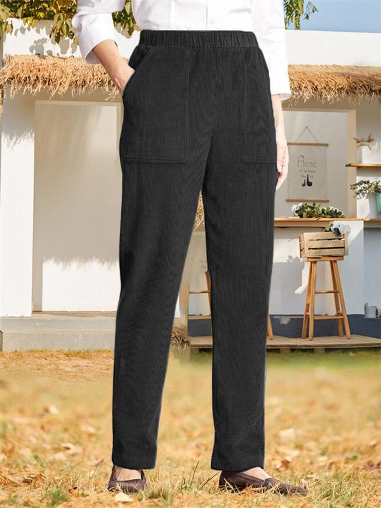 Autumn New Women's Clothing Solid Color Elastic Waist Corduroy Straight Leg Casual Pants (European Style)