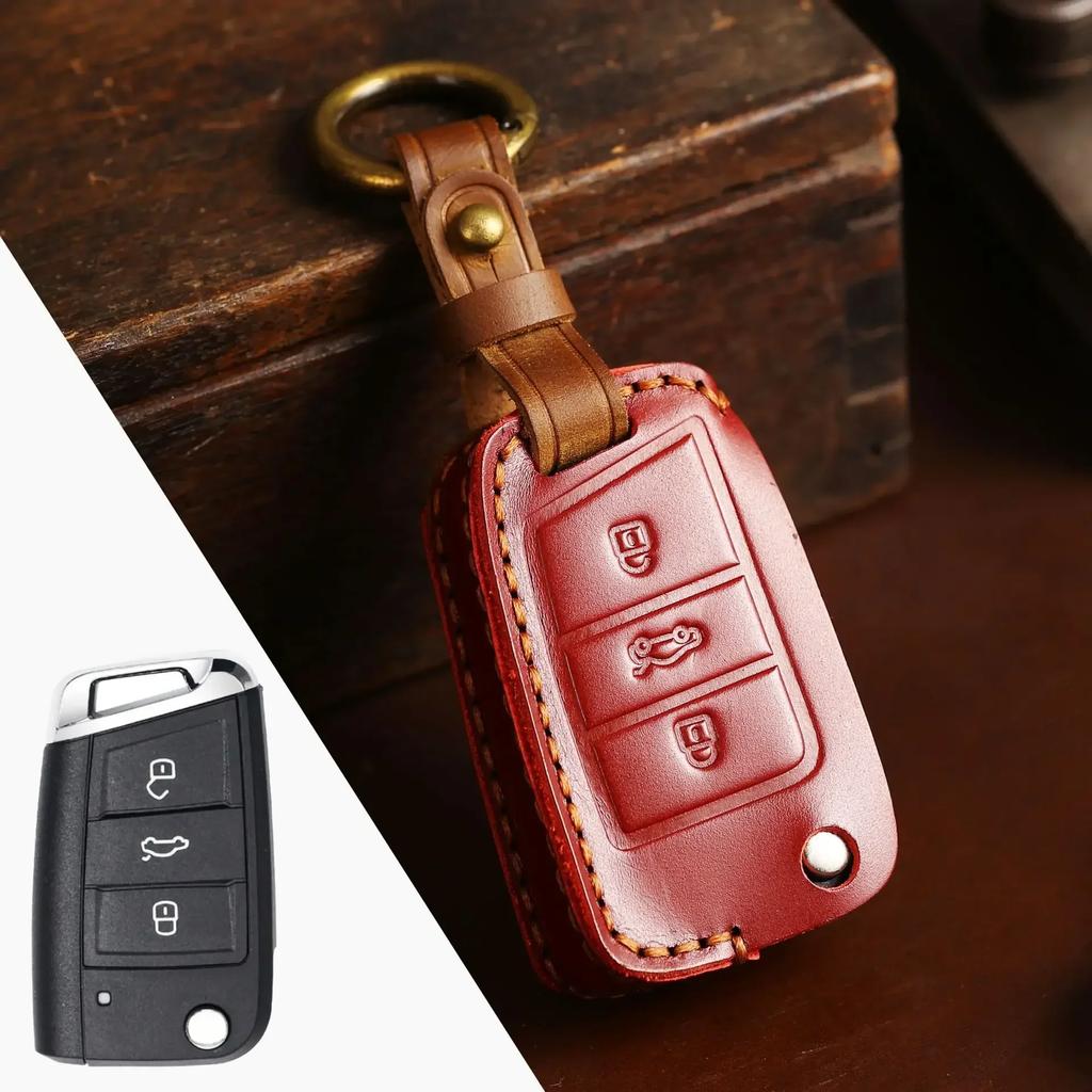 Leather Car Key Case Cover for Volkswagen VW Polo Golf 7 Sagitar Passat for Skoda Octavia Keyring Shell Bag Fob Auto Accessories