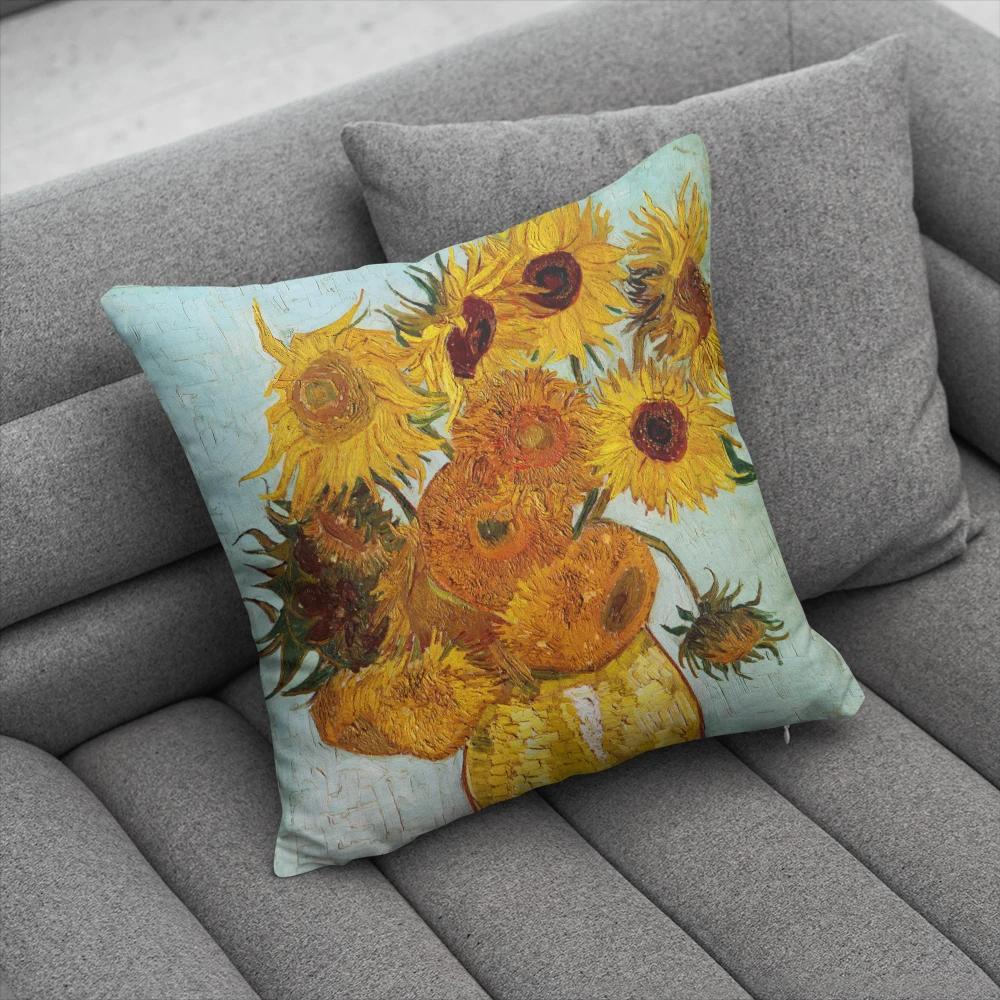 Oil Painting Decorative Pillowcases Starry Sky Self-Portrait Sunflower Sofa Bedroom Bedside Double-Sided Cushion Cover