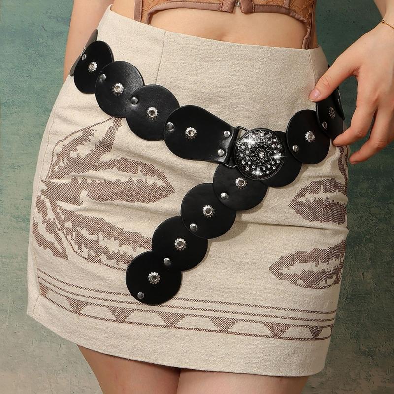 Retro Studded Waistband Unisex PU Stretch Belt With Accents Fits 90cm To 110cm Waist