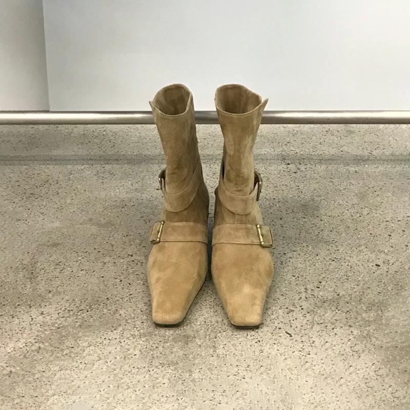 Cowhide version~ Korean niche belt buckle short boots women's retro thick heel small square head versatile spice girl thin boots children