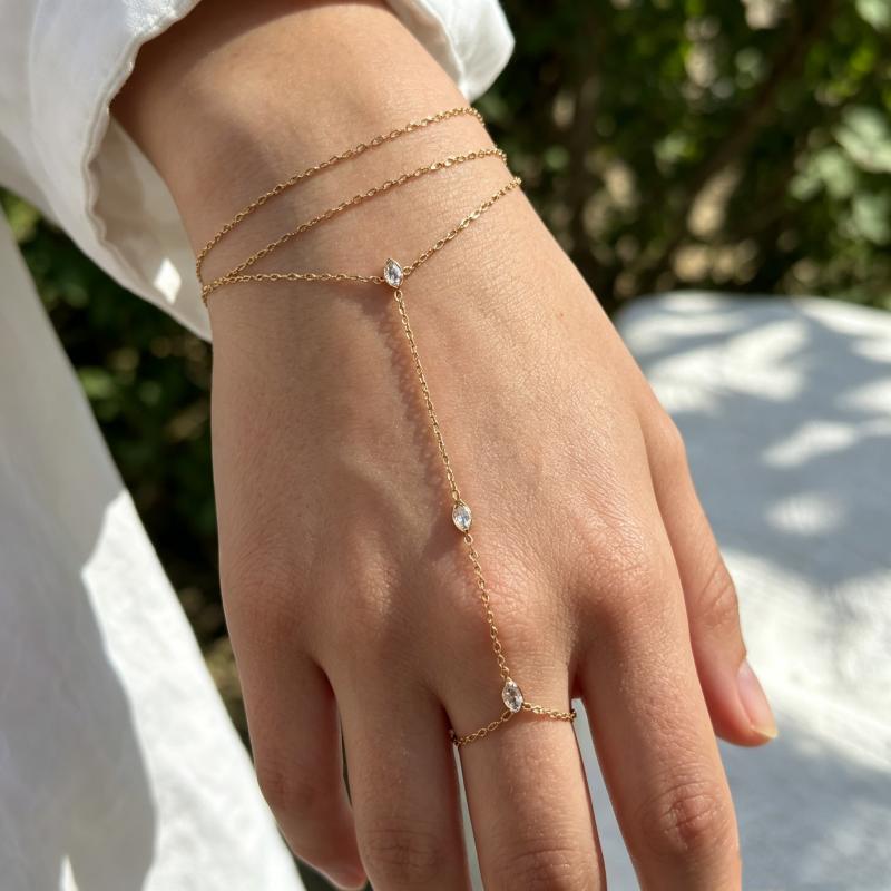Stainless Steel Cubic Zirconia Hand Chain Bracelet Ring For Women Dainty Marquise Cz Linked Finger Ring Multi Layer Wrist Jewelr