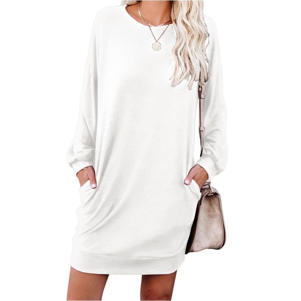 Women's Fashionable Long-sleeved Solid-color Round-neck Pocket Dress
