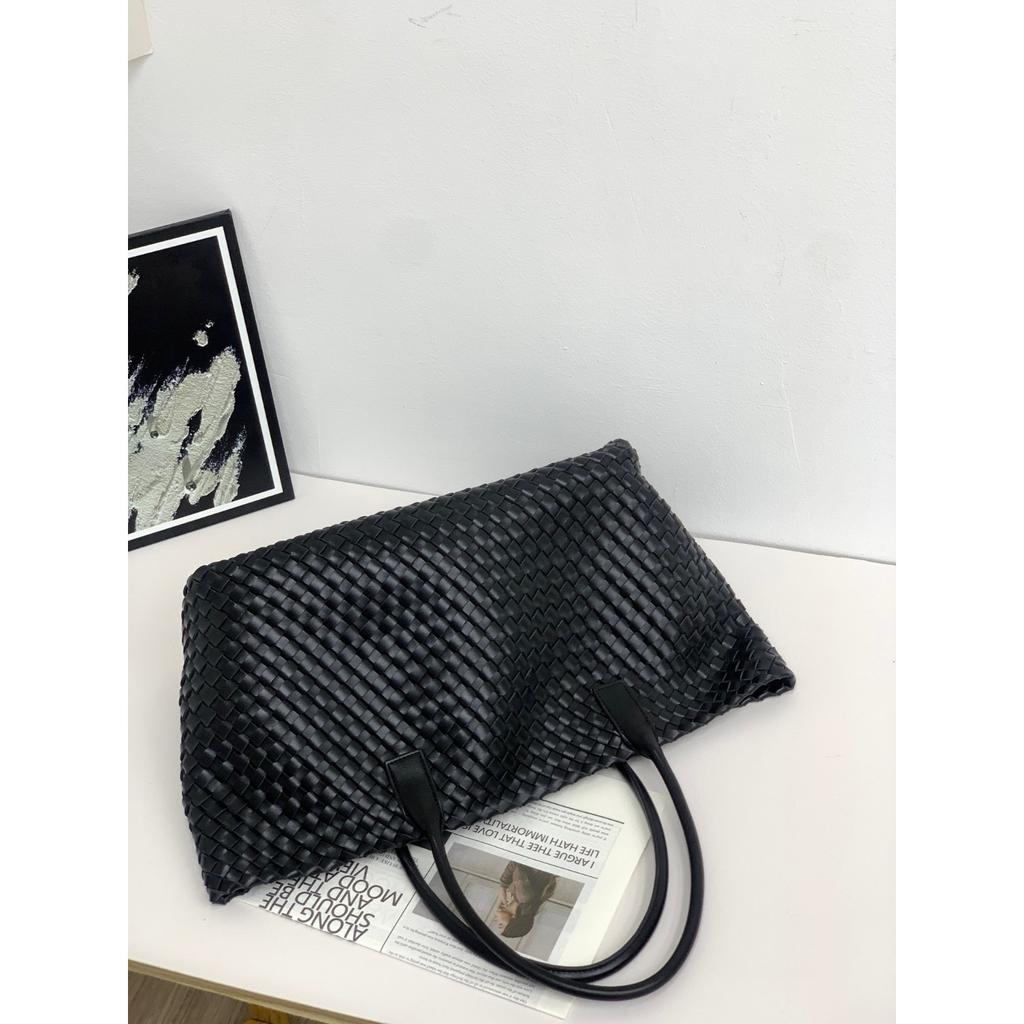 New Double-sided Woven Tote Bag Women's Genuine Leather Shoulder Handbag Large-capacity Shopping Bag Vegetable Basket Commuter Versatile