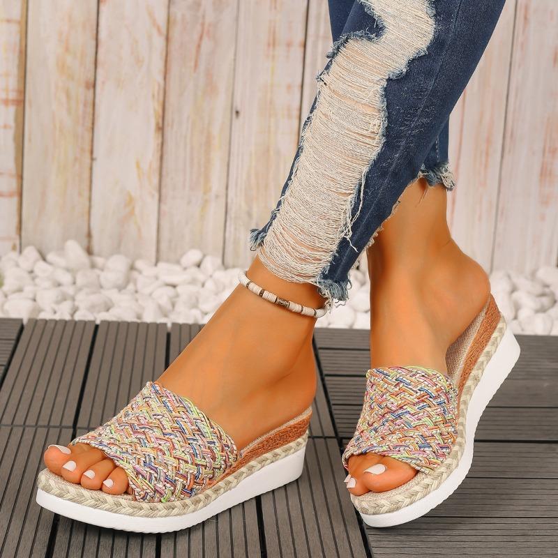 Summer new large-size women's thick-bottomed fish mouth with hemp rope colored wedge slippers