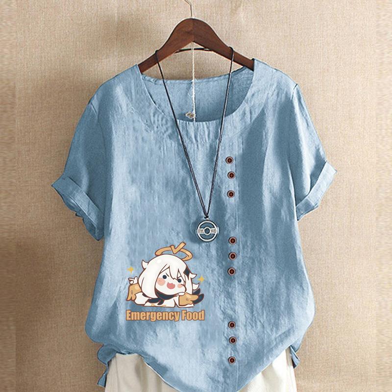 Damenmode Rundhals Kurzarm T-Shirt Lässiges Baumwollleinen Grafikhemd Freizeit Lose Cartoon Mädchen Gedruckt Sommer Bluse Tops Übergröße