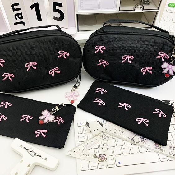 Sweet Butterfly Bow Embroidered Canvas Organizer For Stationery And Cosmetics