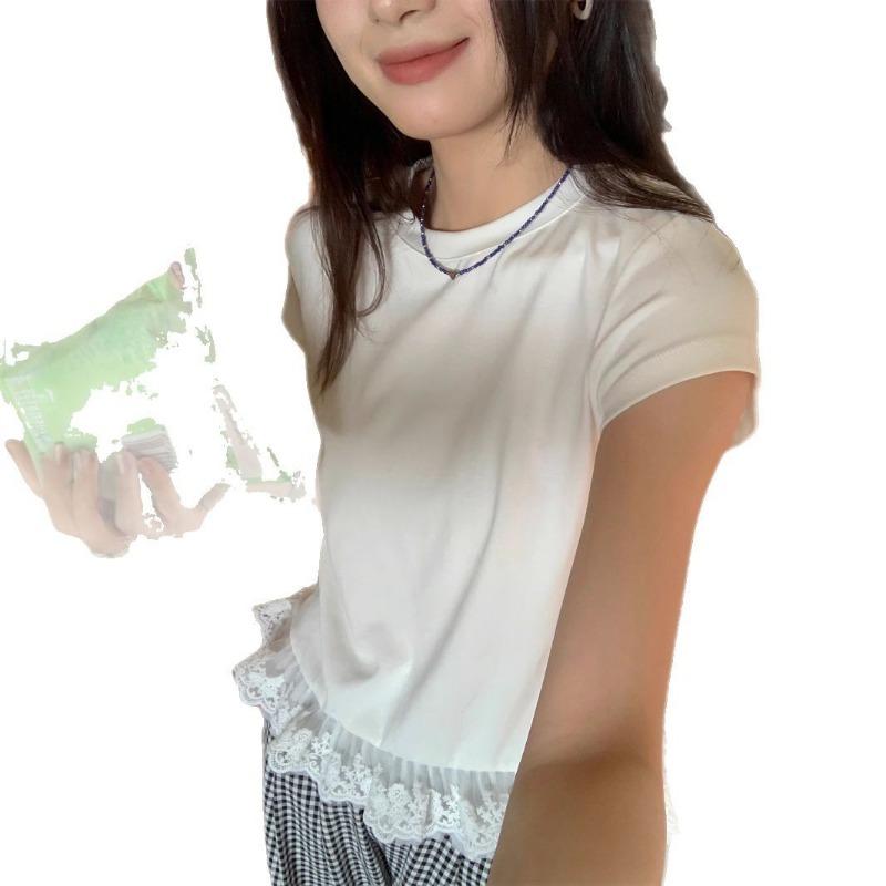 Dámské malé krajkové krajkové tričko s krátkým rukávem Letní Slim-fit s základním tričkem Patchworkový top