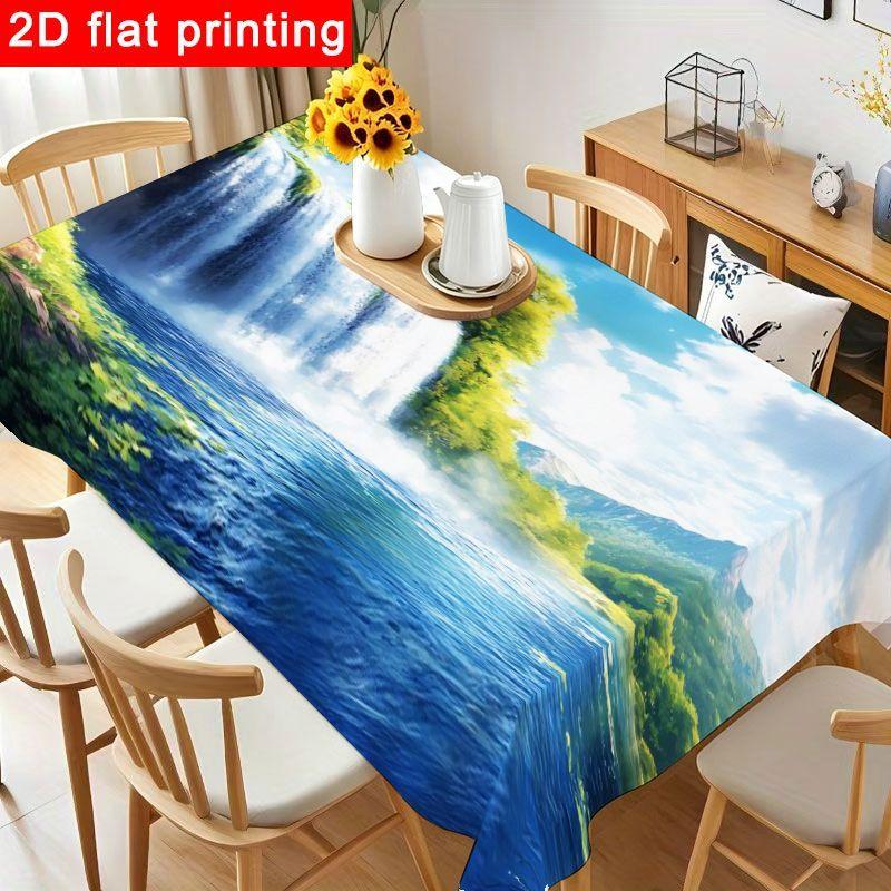 1pc Vibrant Nature Waterfall Tablecloth - Colorful Table Cover with Lush Landscape Design, Reusable & Easy to Clean for Birthday Party, Holiday Gather