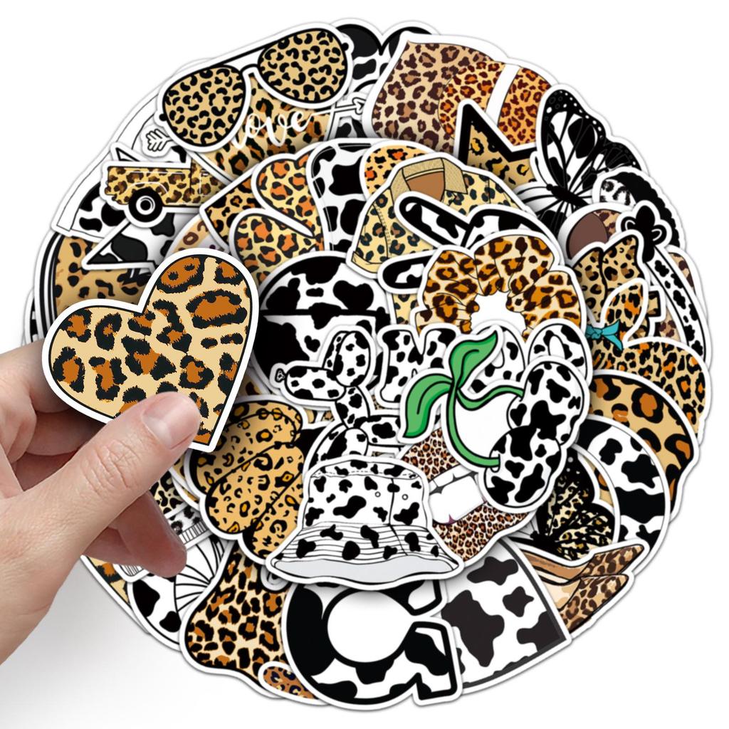 50 Leopard & Cow Print Graffiti Stickers: Waterproof Decorative Set for Phone Cases, Water Bottles, Suitcases