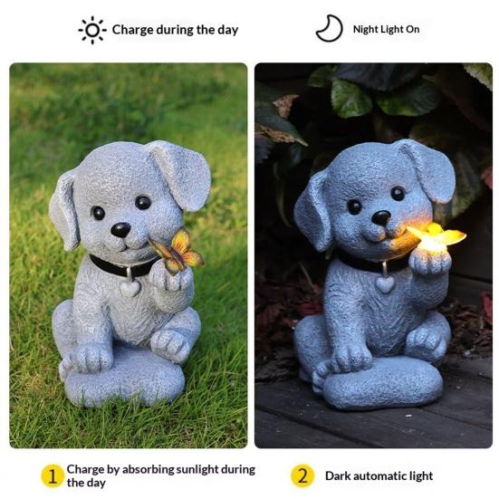 Garden Dog Statue with Solar Butterfly Light Small Resin Puppy Sculpture Outdoor Waterproof Solar Powered Animal Figurine for Yard Patio Lawn