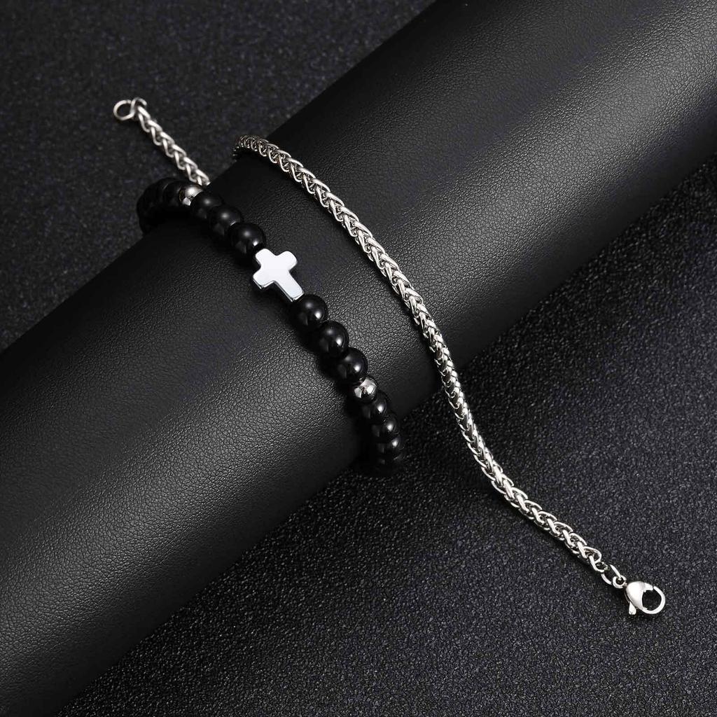 Vnox Men's Stainless Steel Cross Charm Bracelet, Adjustable Black Agate Bead Wristband, Birthday Party Jewelry Gift for Him