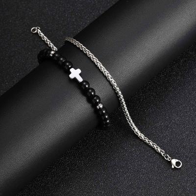 Vnox Men's Stainless Steel Cross Charm Bracelet, Adjustable Black Agate Bead Wristband, Birthday Party Jewelry Gift for Him