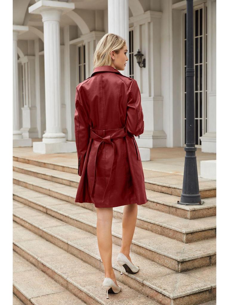 2023 European & American Mid-Length Belted Leather Trench Coat, Long Sleeve, British Style Outerwear for Women