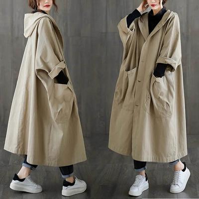 Knielanger Mantel für Damen Übergröße Locker Große Taschen Windbreaker Lässig Vielseitig Kapuzenjacke Damen
