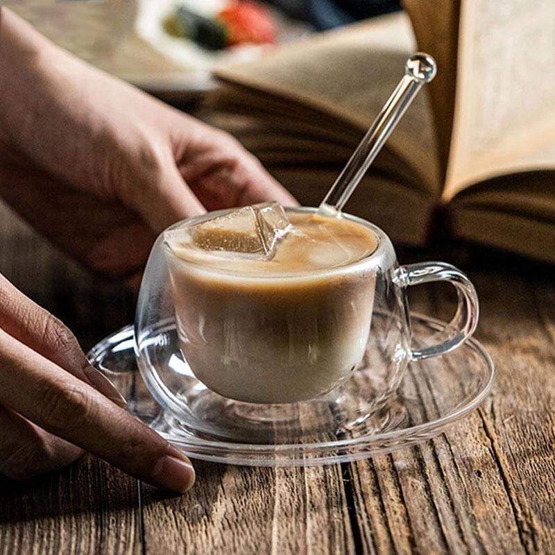 180/250ml Double-Walled Glass Coffee Cup With Spoon Clear Heat-Resistant Milk Espresso Mug With Dessert Saucer Glass Cup Set