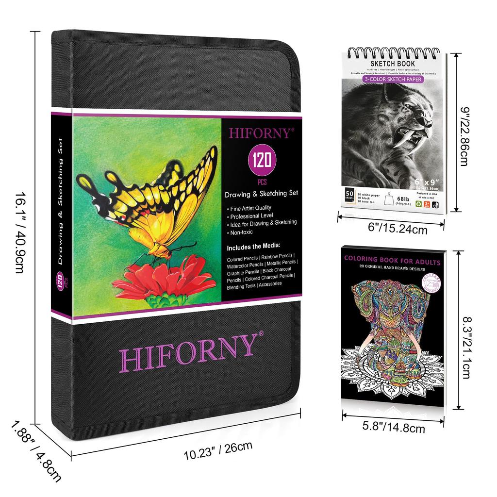 HIFORNY Drawing Sketch Art Coloring Black Colored Charcoal Blending and More Set, Kit, Supplies, 3-Color Sketchbook, Book, Rainbow, Watercolor,