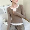 Double-Layer Striped Cashmere Knit Sweater with Mixed Neckline for Ladies