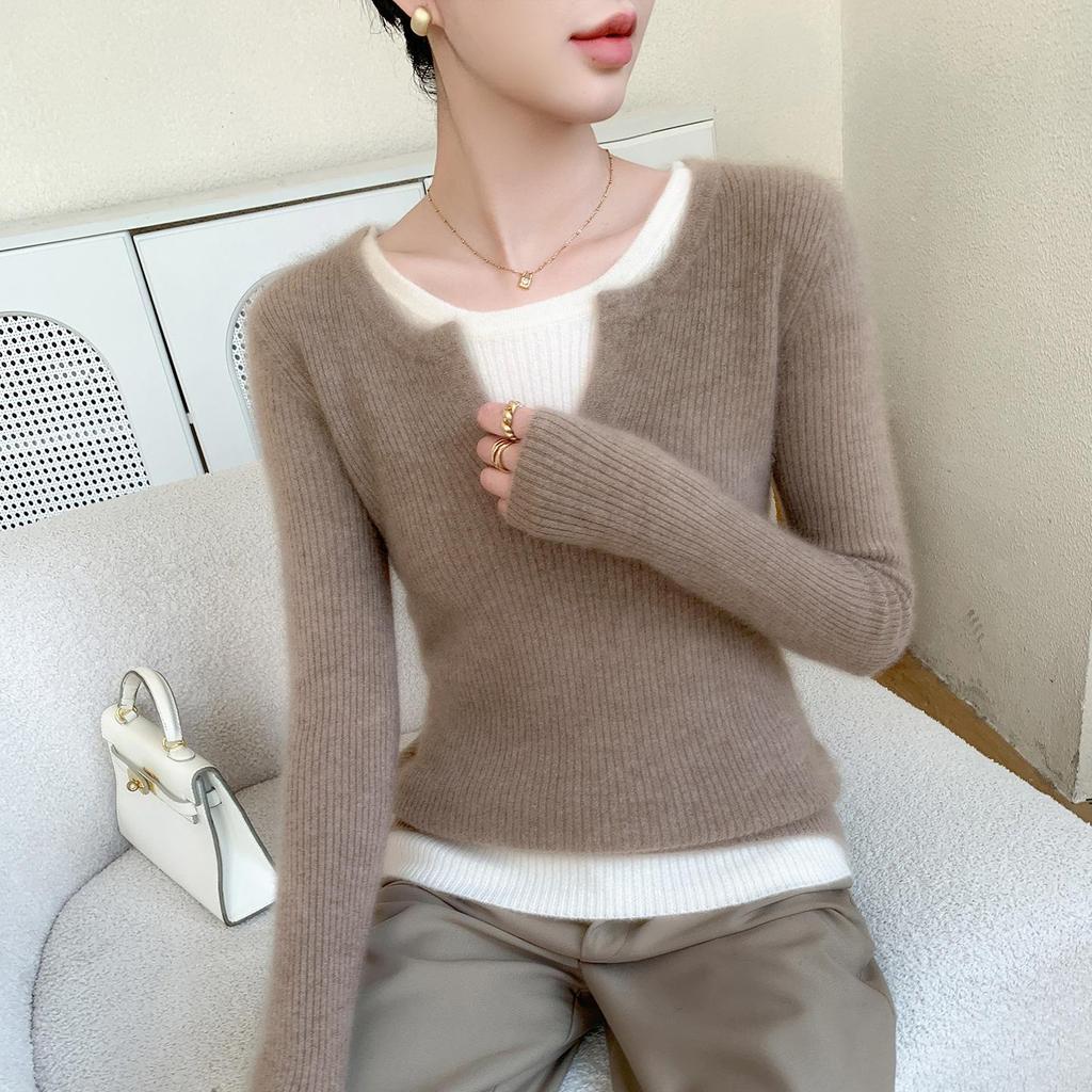 Double-Layer Striped Cashmere Knit Sweater with Mixed Neckline for Ladies