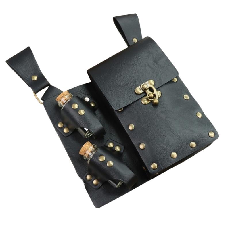 Medieval Leather Belt Pouches With 2 Potion Bottle Halloween Wizard Waist Pouches Side Pack Halloween Costume Accessory