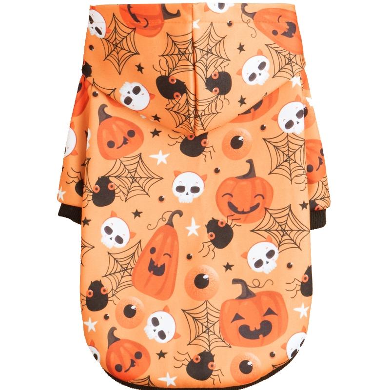 Halloween Dog Hooded Sweatshirt with Pumpkin, Ghost & Skull Prints, Orange Pet Hoodie for Cats Small Pets Festive Outfit Parties