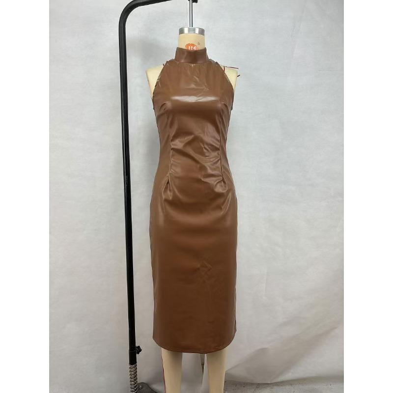 Women's Sleeveless Stand Collar Temperament Slit Dress Slim Solid Color PU Leather Dress