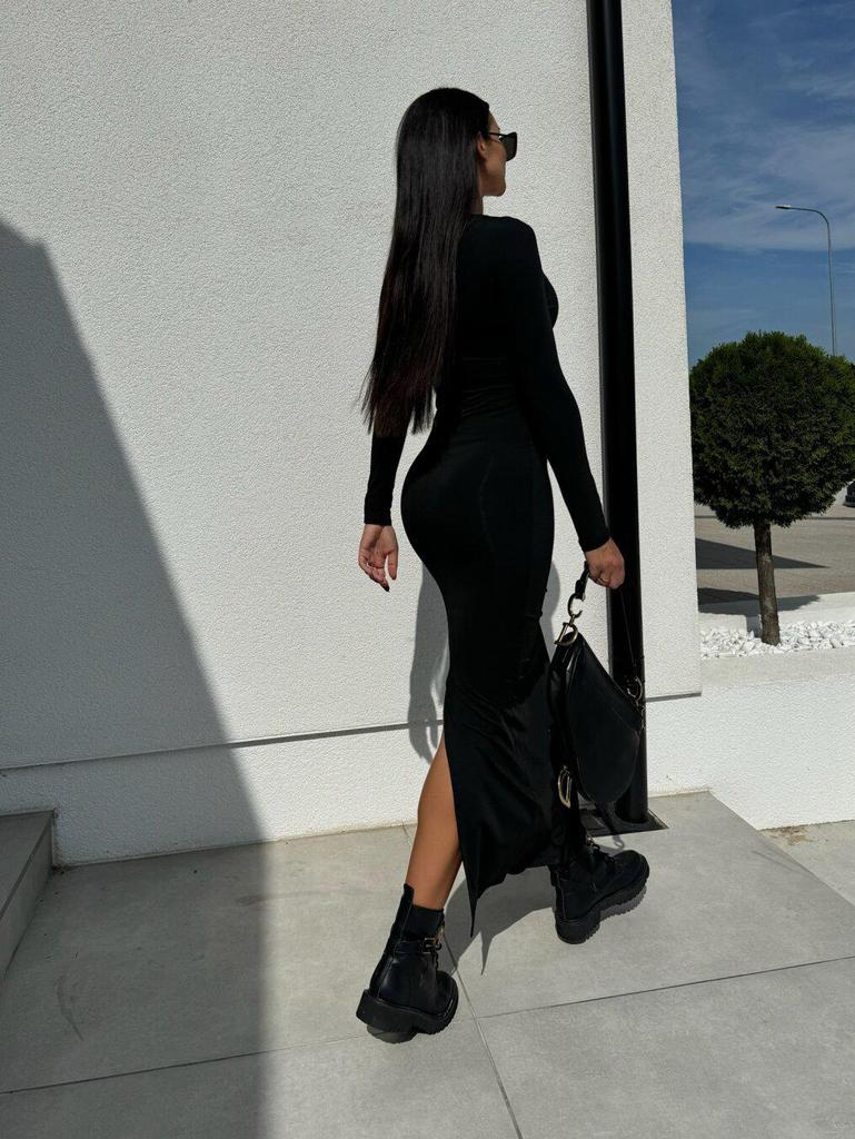 Europäisch-Amerikanisches Herbst Sexy Schlankmachendes Quadratischer Ausschnitt Schlitzkleid - Kardashian Stil