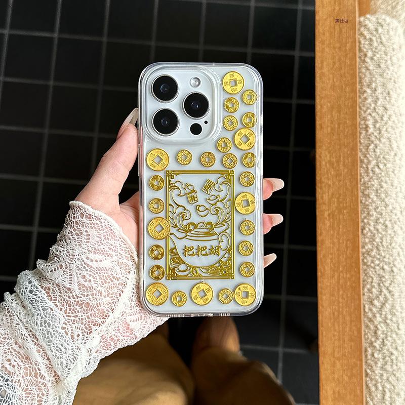 Applicable to Apple 16promax mobile phone case, Epoxy gold foil iPhone15 God of Wealth 14 Shunfeng 13 Shunshui 12 Transparent