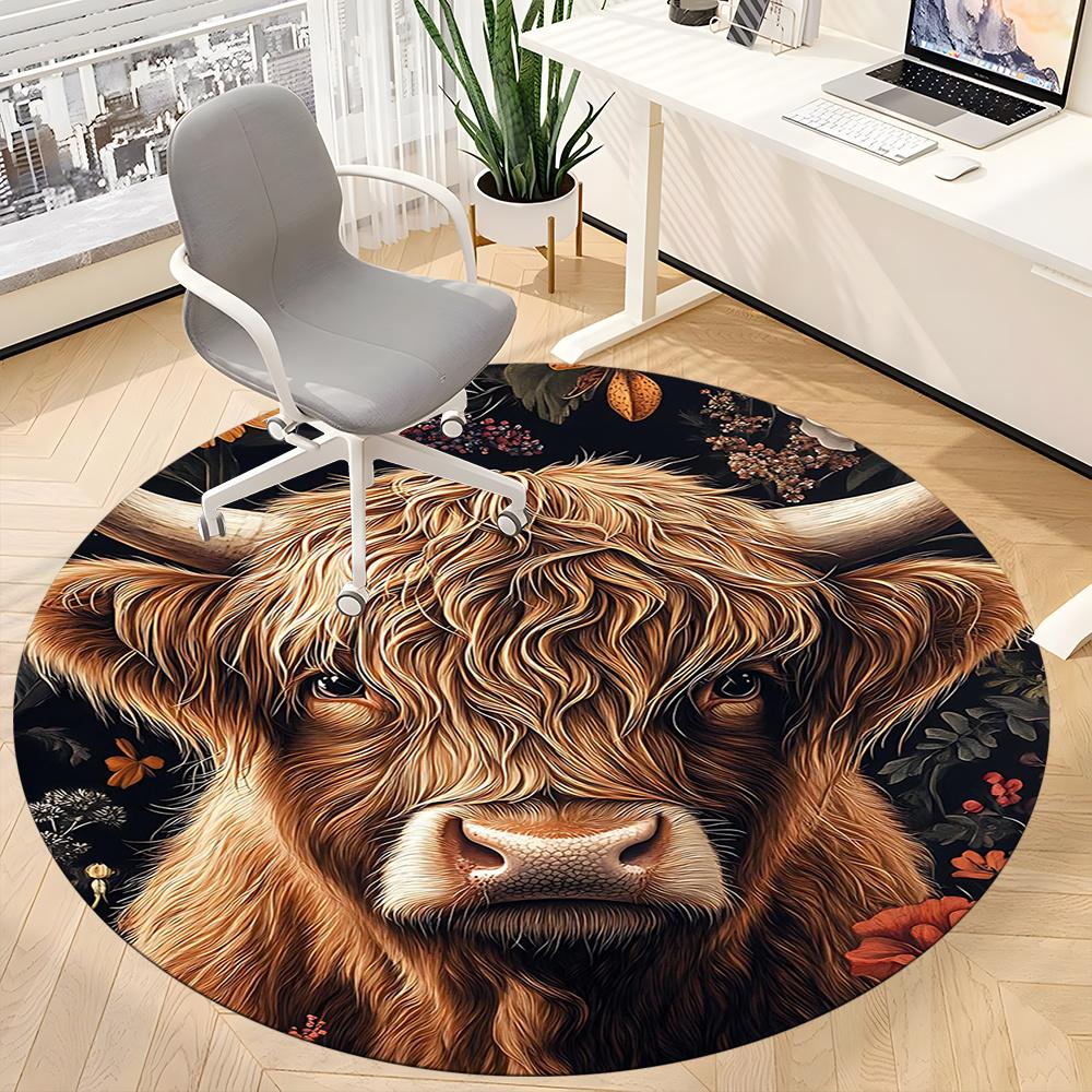 1PC Highland Cow Floral Office Round Area Rug, Indoor Mat Suitable ForOffice, Under Office Chairs Bedroom Living Room Home Decor, Room Deco G015