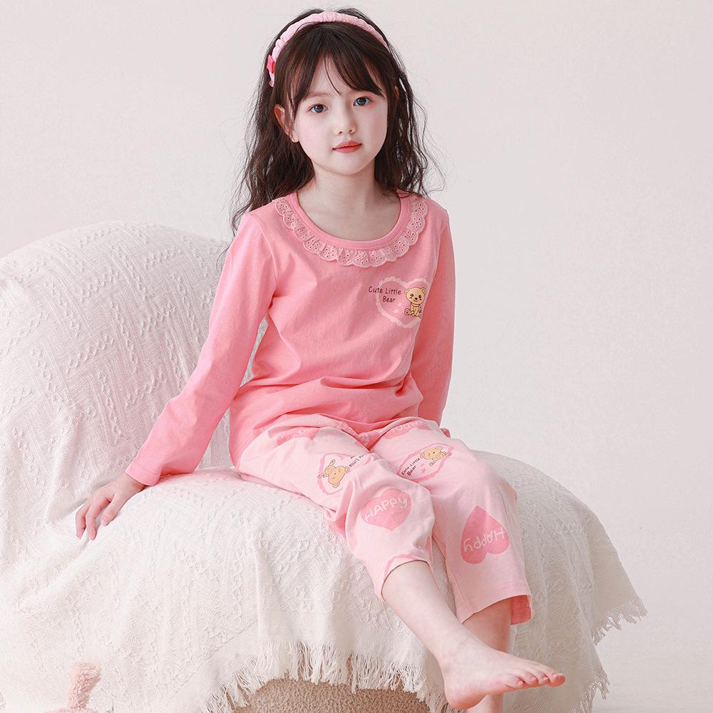 Girls' Summer Cotton Pajama Set - Long Sleeve & Pants, Antibacterial Homewear for Big Kids and Little Girls, Air Conditioning Suit.