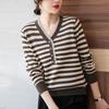 New Autumn and Winter Long-sleeved V-neck Sweater Stylish and Loose Slim Striped Sweater for Middle-aged Women