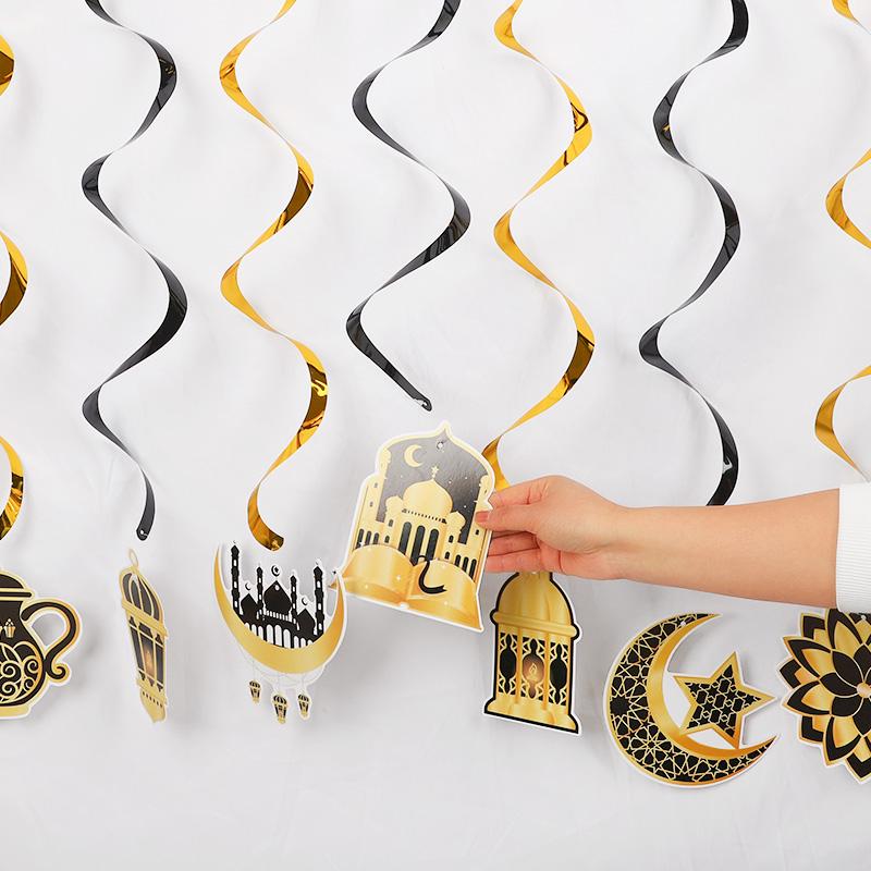 8/16Pcs Ramadan Hanging Spirals Eid Mubarak Moon Star Swirls Banner Garland 2026 Islamic Muslim Party Home Decoration Supplies
