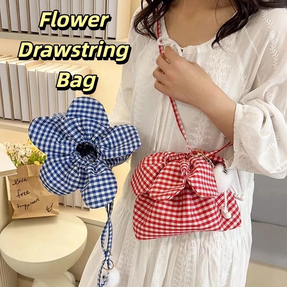 Cute Plaid Flower Crossbody Bag Portable Ins Shoulder Bag Casual Flower Drawstring Bag  Travel