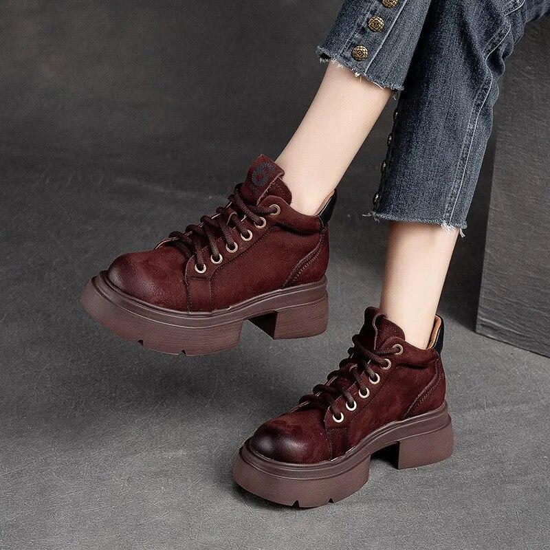 Johnature Retro Genuine Leather Lace-up Short Boots Round Toe Thick Sole Casual Versatile Women's Shoes