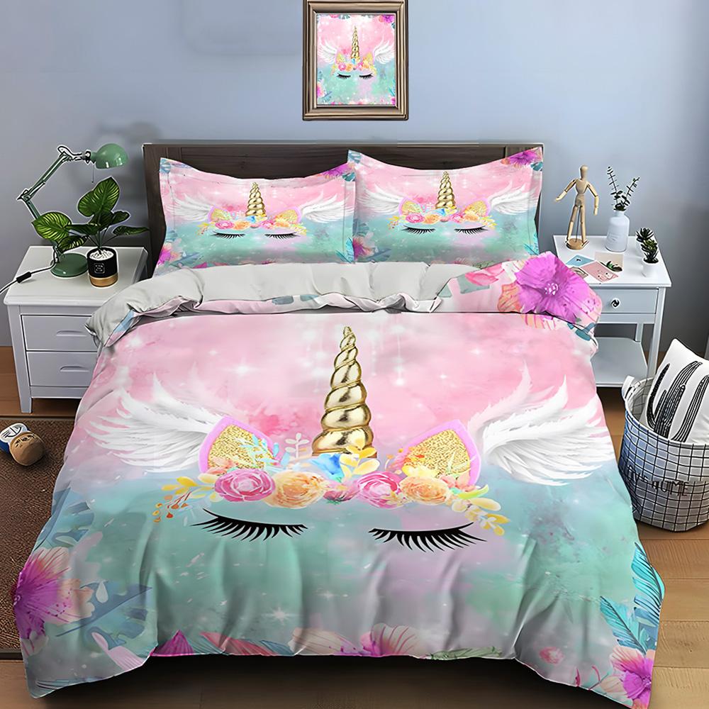 3PC Pink Unicorn Print Bedding Set Duvet Cover 1 Duvet Cover 2 Pillowcases Adult and Children Bedding Set Luxury To Girls Gifts