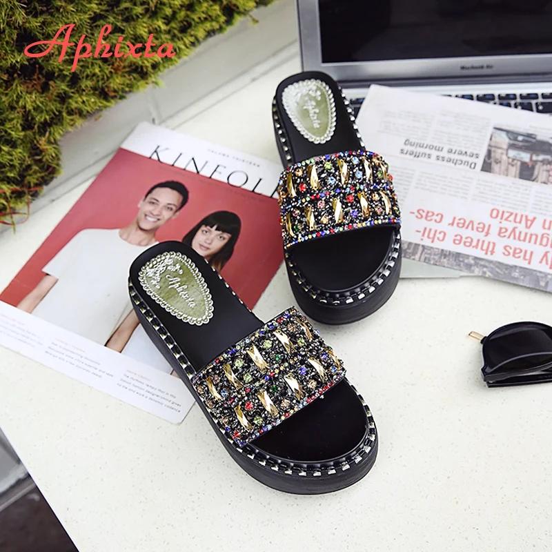 Fashion Luxury Women's Sandals Summer Platform Rhinestone Slippers Women Gemstone Slides Wedge Slippers Women's Shoes Beach Slides Shoes