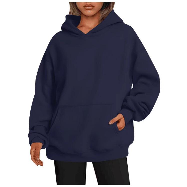 Hooded Sweatshirt Women's Long Sleeve Loose Fit Solid Color Fleece Warm Autumn Winter Style Street Hip Hop Pockets