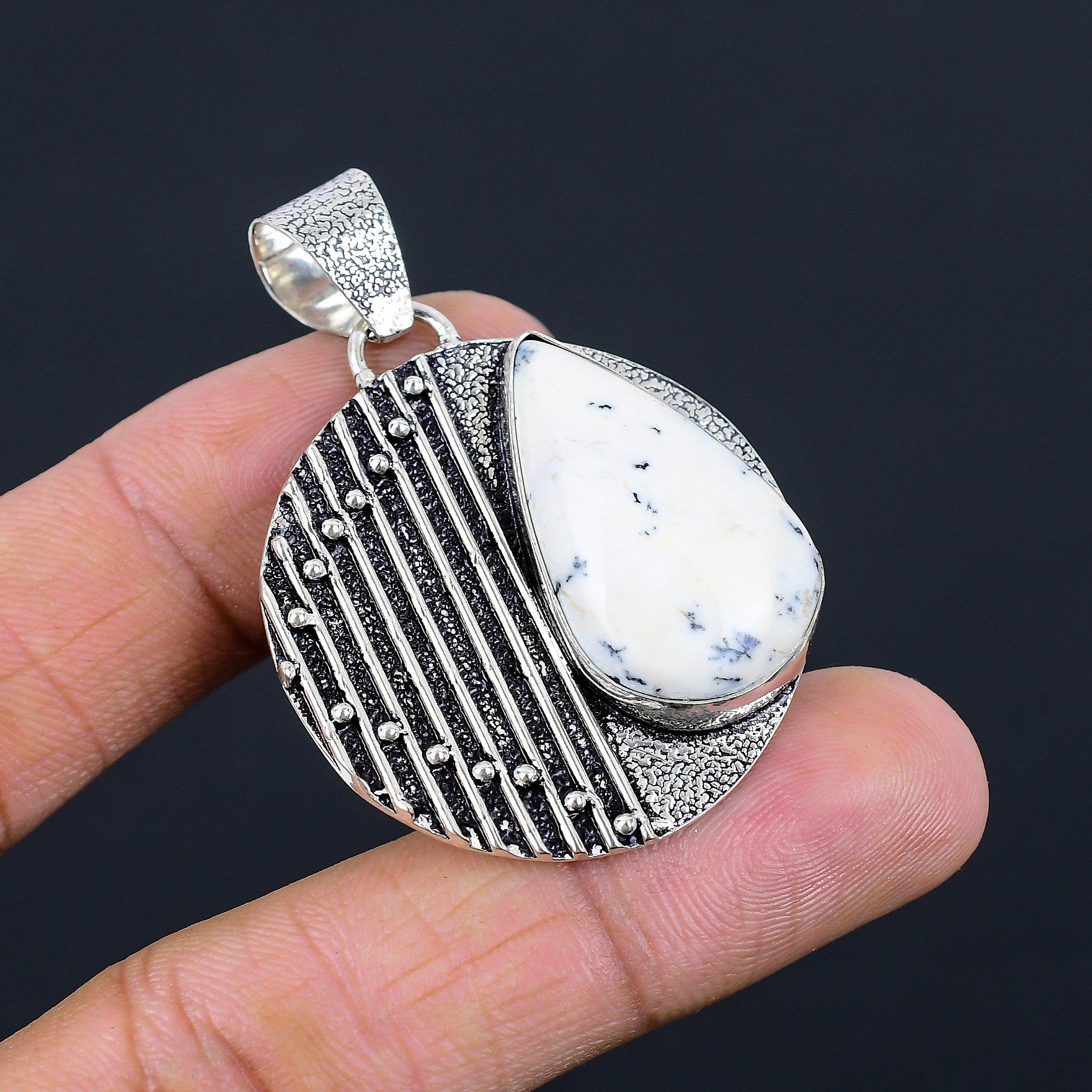 Womens day Sale Pear Natural Dendrite Opal 925 Silver Sister Birthday Pendant