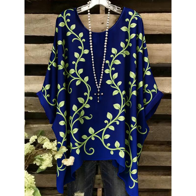 Summer Top Women Arrival Elegant Vacation Style Plus Size Simple Casual Meteor Pattern Print Irregular Hem Round Neck T-Shir