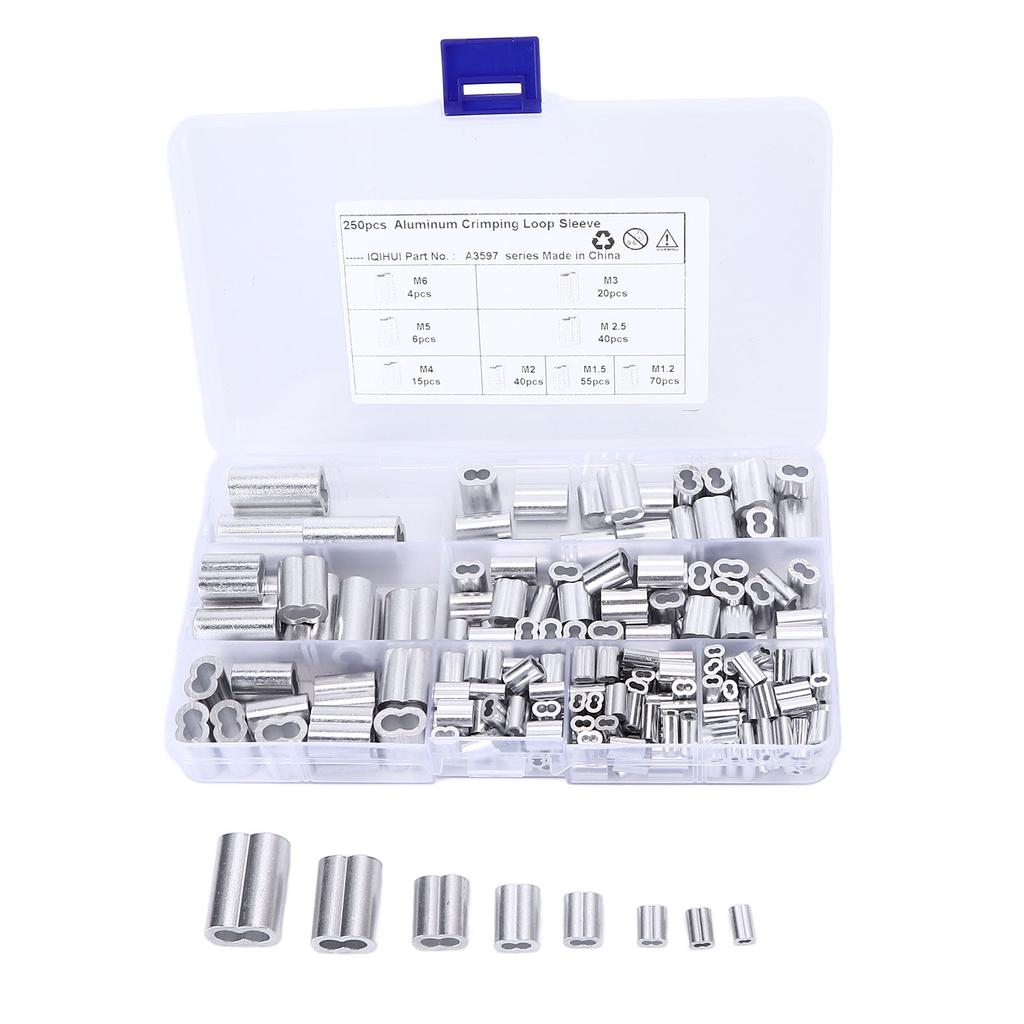 250Pcs/Set Aluminum Cable Ferrule 8 Aperture Double Barrel Wire Rope Crimping Loop Sleeve Kit for RV