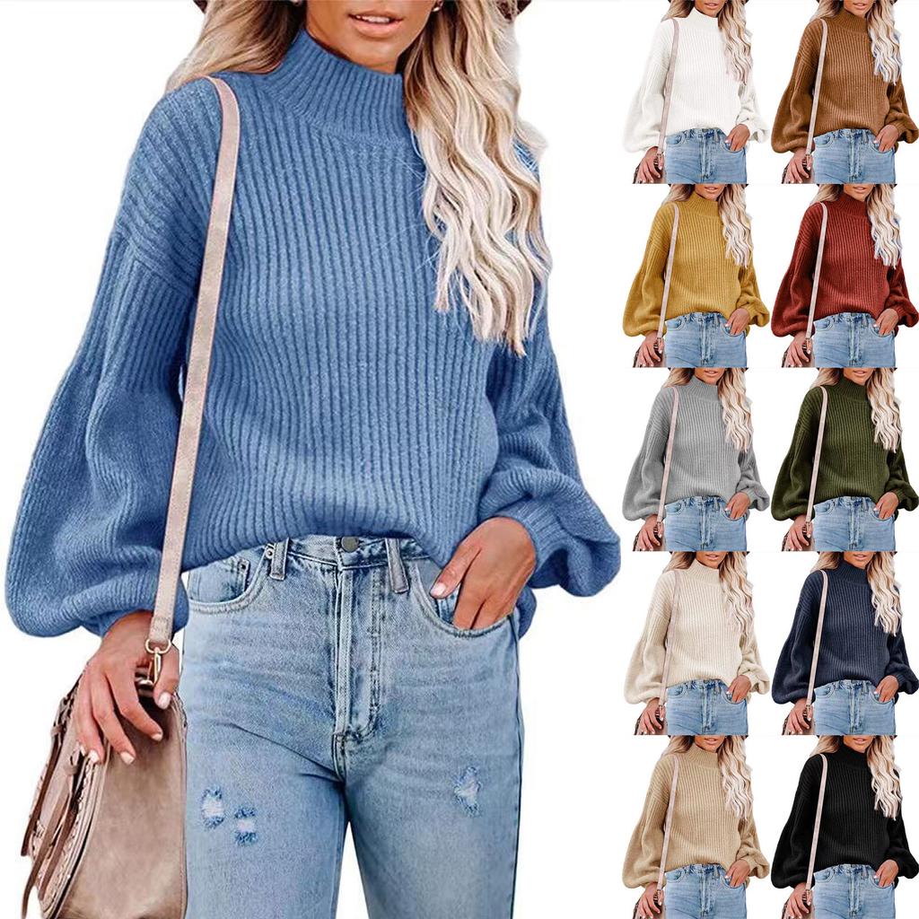 Dames effen kleur hoge kraag lange mouw pullover blouse gebreide trui