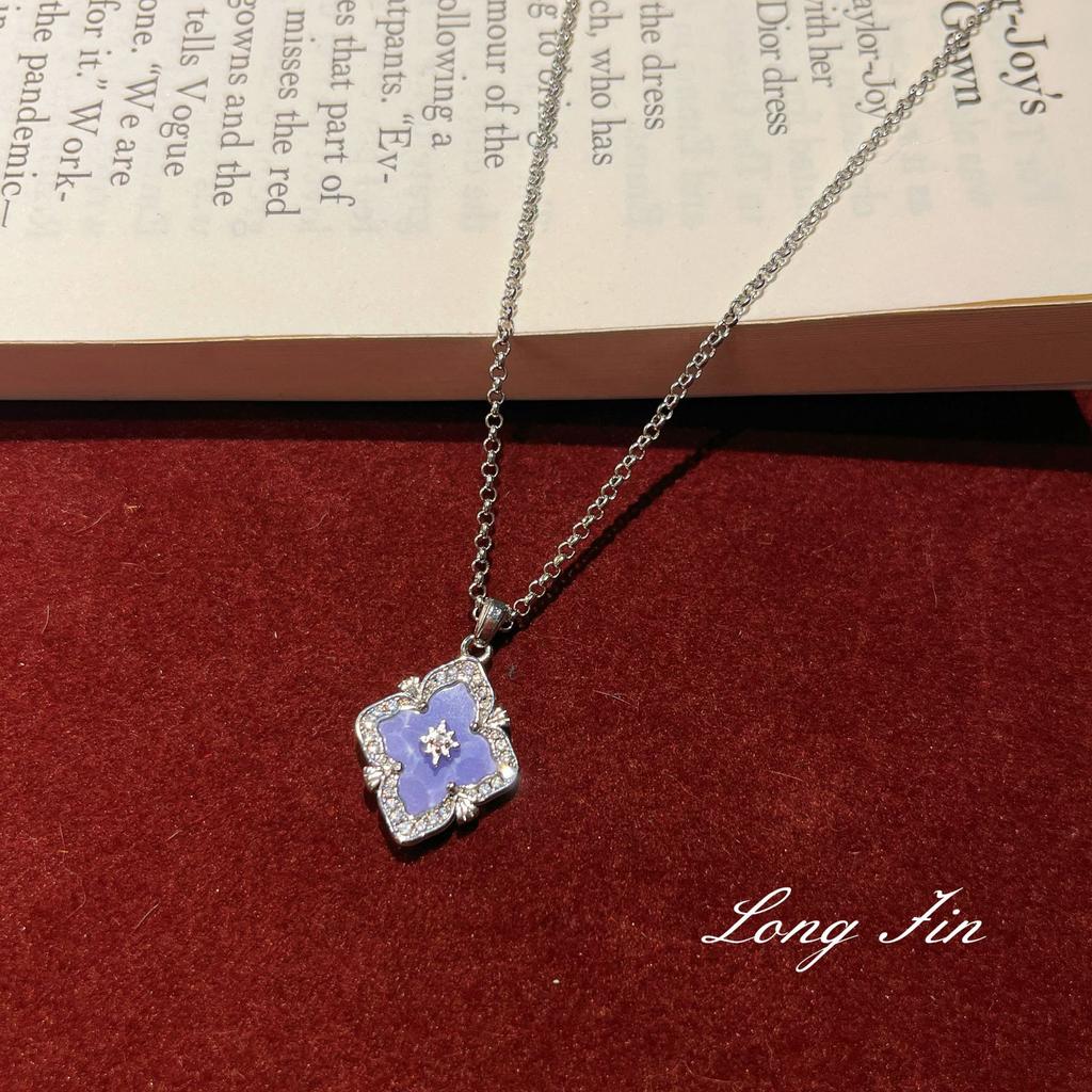 French Retro Raspuche Four-Leaf Clover Blue-Purple Suit, Bracelet Necklace, Earrings, Court Style, Light Luxury And Versatile.