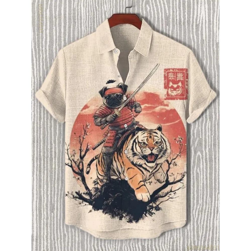 Men's Short-sleeved Shirt with Black Cat Riding a Shark Print, Hawaiian Style, Suitable for Outings, Parties, and Casual Wear.