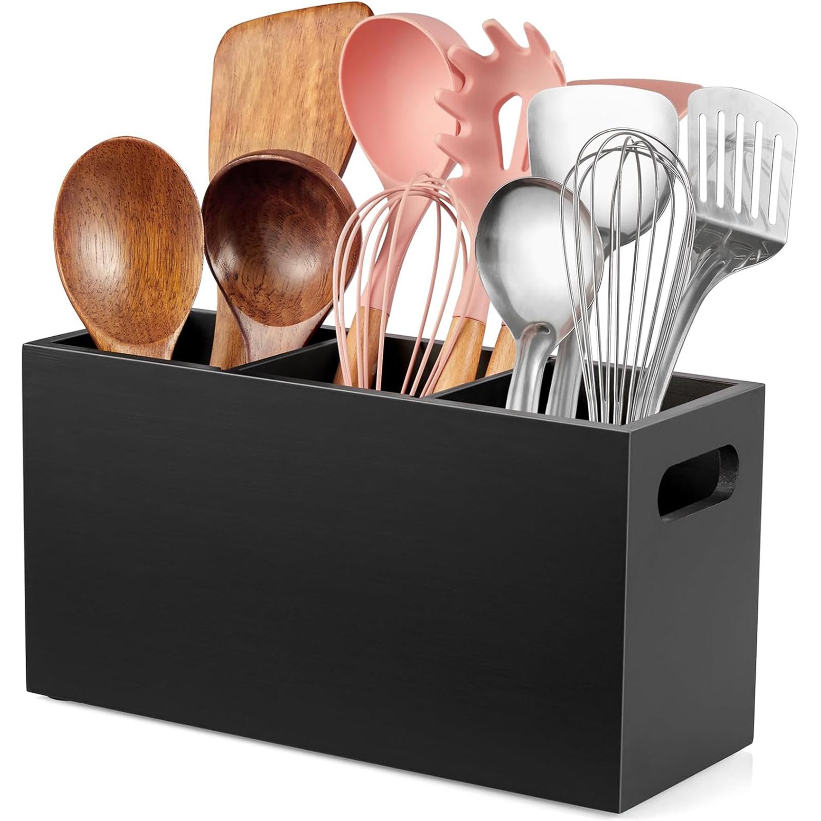 

Wood Utensil Holder for Kitchen Counter 3 Compartment Large Cutlery Holder Caddy Organizer for Silverware Fork Spoon Spatula чёрный