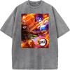 Demon Slayer Tanjirou Akaza Printed Tshirt Men Washed Cotton T-shirts Oversized Streetwear Manga Vintage Tee Harajuku Male Tops